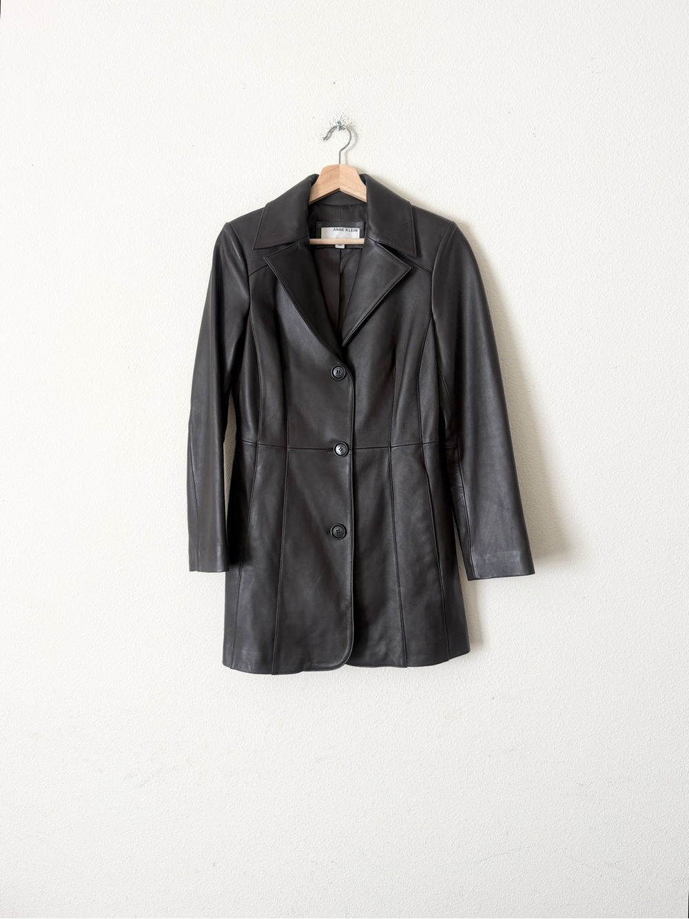 Anne Klein SMALL 100% leather dark brown collared jacket coat